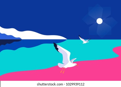 Sea landscape background with gulls. Sea coast, sky, sun, seagulls. Vector illustration