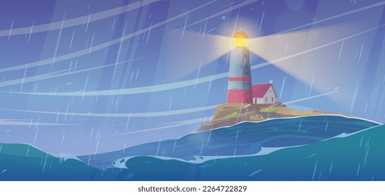 El paisaje marino con un faro en la isla. Vector de caricatura Ilustración con casa en costa rocosa en el océano, clima tormentoso, viento y lluvia. Construcción de balizas en la costa marina