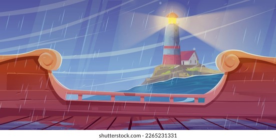 Meereslandschaft Hintergrund mit hellem Haus auf der Insel, Blick auf das Schiffsdeck. Cartoon Vektorgrafik mit Haus auf Felsküste im Ozean, stürmisches Wetter, Wind und Regen. Bake-Gebäude auf der Hafensaison