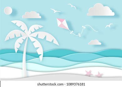 Sea landscape with beach, palm tree, pink kite, waves, clouds and birds. Paper cut out digital craft style. Carving art. Vector illustration in cartoon style