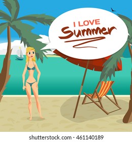 Sea landscape beach, palm tree, sun umbrella, chaise. Woman in swimsuit on background seascape with island and yacht. I love summer speech baloon. Vector flat cartoon illustration
