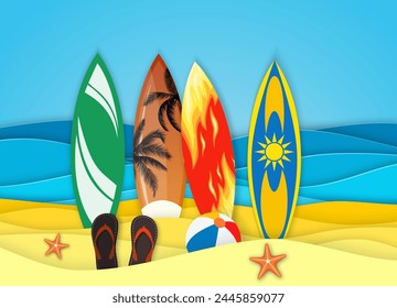 Sea landscape with beach, surfboard, waves, Flipflops shoe. Paper cut out digital craft style. abstract blue sea and beach summer background with paper waves and seacoast. Vector illustration