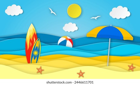 Sea landscape with beach, surfboard,umbrella, waves, clouds. Paper cut out digital craft style. abstract blue sea and beach summer background with paper waves and seacoast. Vector illustration