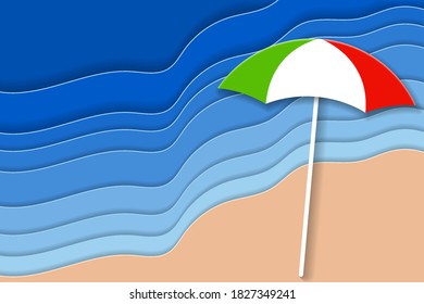 Sea landscape with beach umbrella on the sandy beach. Vector illustration EPS10