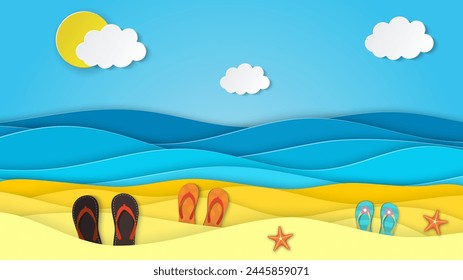 Sea landscape with beach, waves, clouds, Flipflops shoe. Paper cut out digital craft style. abstract blue sea and beach summer background with paper waves and seacoast. Vector illustration