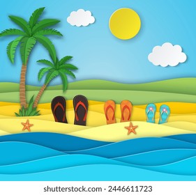 Sea landscape with beach, waves, clouds, Flipflops shoe. Paper cut out digital craft style. abstract blue sea and beach summer background with paper waves and seacoast. Vector illustration