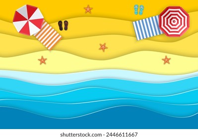 Sea landscape with beach, waves, Flipflops shoe. Paper cut out digital craft style. abstract blue sea and beach summer background with paper waves and seacoast. Vector illustration