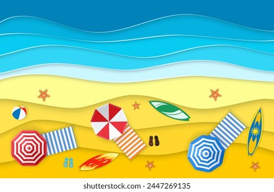 Sea landscape with beach, waves, Flipflops shoe. Paper cut out digital craft style. abstract blue sea and beach summer background with paper waves and seacoast. Vector illustration