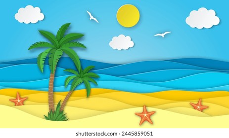 Sea landscape with beach, waves,palm clouds. Paper cut out digital craft style. abstract blue sea and beach summer background with paper waves and seacoast. Vector illustration