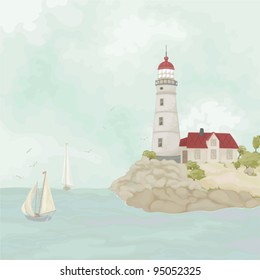 Sea landscape with a beacon, house, sailing vessels and seagulls