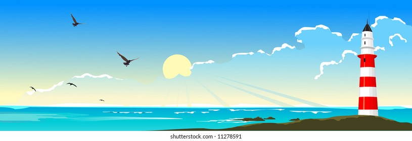Sea landscape with a beacon. Lighthouse on the rock stones at day. Vector illustration