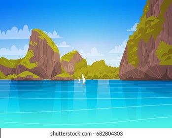 Sea Landscape Beautiful Asian Beach With Mountain Coast Seaside View Summer Seascape Flat Vector Illustration