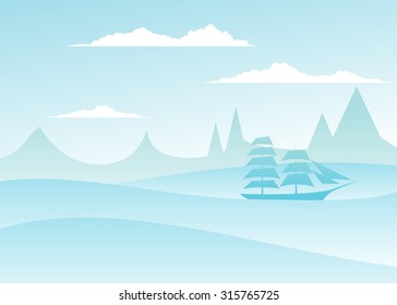  Sea landscape of blue color, rock, wave and sailing vessel