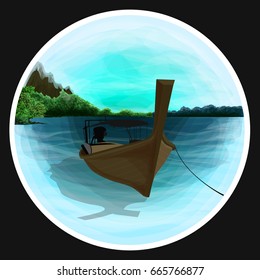 Sea landscape with boat on the shore, vector illustration