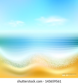 Sea landscape with a calm sea on a clear day. Sandy beach with a wave coming up. Realistic vector illustration