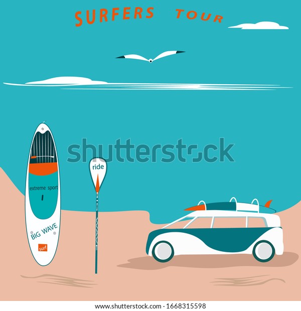Sea landscape, car, surfboard, seagulls -\
vector. Tourism. Journey. Surfer\
ride.