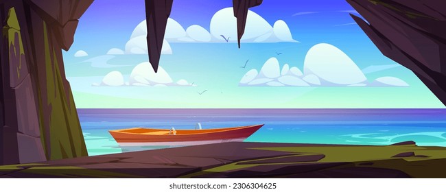 Sea landscape with cave and boat. Stone cavern entrance with view to lake, wooden boat on water, clouds and flying birds in sky, vector cartoon illustration