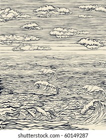 Sea landscape with cloudy sky. Drawing