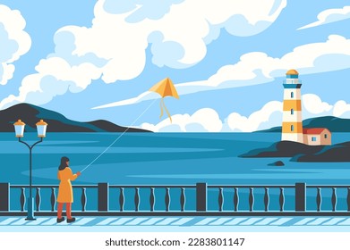 Concepto de paisaje marino. Una mujer lanza una cometa desde el muelle con hermosas vistas naturales al mar, a las montañas y al faro. El Traveller disfruta de un viaje de verano a orillas del mar. Dibujo vectorial plano de dibujos animados