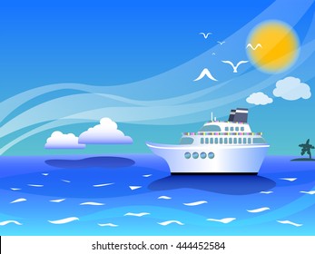 Sea landscape with cruise ship vector illustration for background with place for text, summer holiday by the sea drawing, sea landscape with white cruiseliner, seagulls and clouds, background template