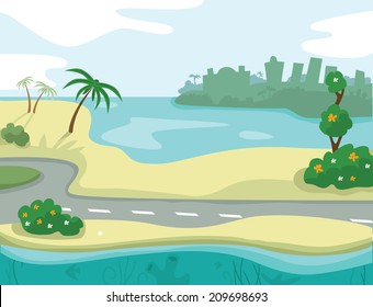 Sea landscape, with a far buildings and trees on the background. You can put your design in the middle.