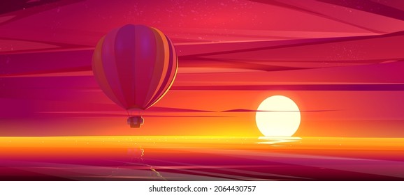 Sea landscape with flying hot air balloon at sunset. Vector cartoon illustration of airship with basket fly over ocean or lake, evening sun on horizon and bright red sky with clouds