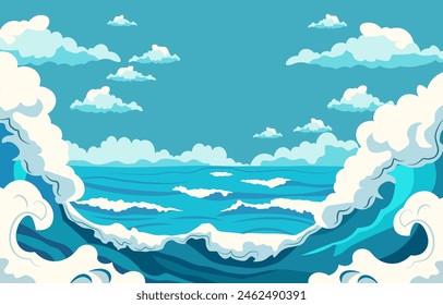 Sea Landscape Frame Background with Blue Ocean Waves in Bright Sky