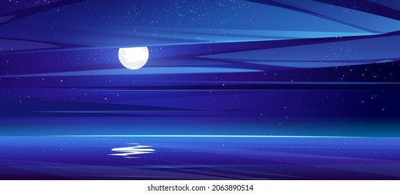 Sea landscape with full moon, stars and clouds in sky at night. Vector cartoon illustration of midnight scene with ocean or lake with moonlight reflection in water surface