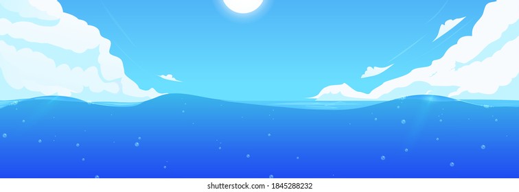 Sea landscape for game background design. Cartoon ocean wave illustration. Blue water and sky with clouds