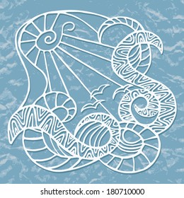 Sea landscape with graphic contours and colorful background. Vector illustration with the sea and seagulls. 