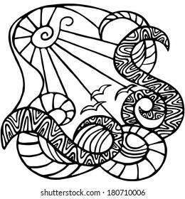 Sea landscape with graphic contours. Vector illustration with the sea and seagulls. 
