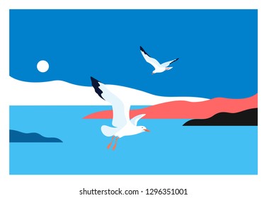 Sea landscape with gulls. Sea coast, noon, sky, sun, flaying seagulls. Vector illustration