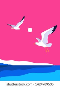 Sea landscape with gulls. Sea coast, noon, sky, sun, flaying seagulls. Vector illustration