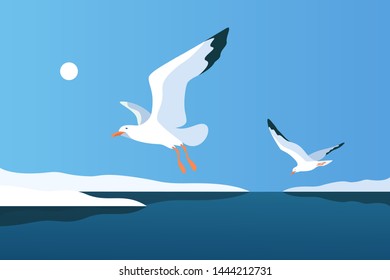 Sea landscape with gulls. Sea coast, noon, sky, sun, flaying seagulls. Vector illustration