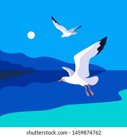 Sea landscape with gulls. Sea coast, noon, sky, sun, flaying seagulls. Vector illustration