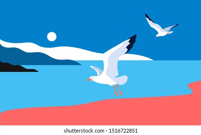 Морской пейзаж с чайками. Морское побережье, полдень, небо, солнце, полыхающие чайки. Векторная иллюстрация