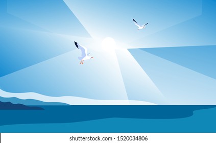 Sea landscape with gulls. Sea coast, noon, sky, sun, flaying seagulls. Vector illustration