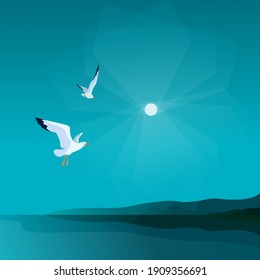 Sea landscape with gulls. Sea coast, noon, sky, sun, seagulls. Vector illustration