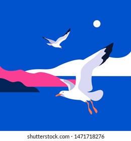 Sea landscape with gulls. Sea coast, sky, sun, flaying seagulls. Vector illustration