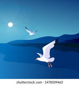 Sea landscape with gulls. Sea coast, sky, sun, flaying seagulls. Vector illustration