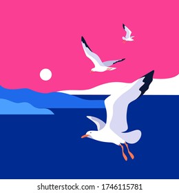 Sea landscape with gulls. Coast, sky, flaying seagulls. Vector illustration