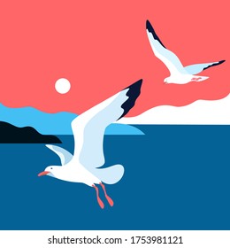 Sea landscape with gulls. Sea coast, sky, sun, flaying seagulls. Vector illustration