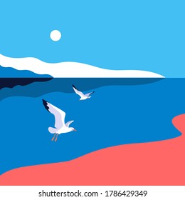 Sea landscape with gulls. Sea coast, sky, sun, flaying seagulls. Vector illustration