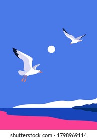 Sea landscape with gulls. Vector illustration