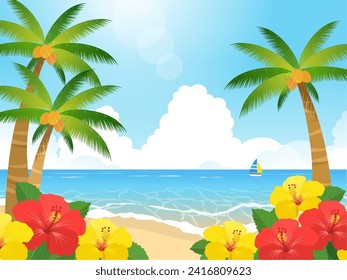 Sea landscape with hibiscus and palm trees