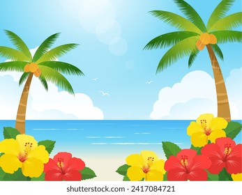 Sea landscape with hibiscus and palm trees