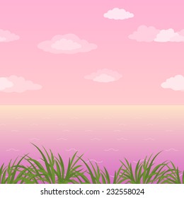 Sea landscape, horizontal seamless, green grass and pink morning sky with clouds. Eps10, contains transparencies. Vector