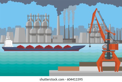 Sea landscape with the image of a dock, ships and seaside industrial city. Vector background.  
