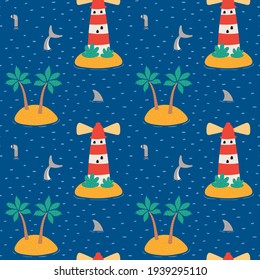 Sea landscape, islands, lighthouse, shark fin, tail nautical seamless pattern on blue background. Hand drawn vector illustration. Scandinavian style flat design. Concept kids textile print, wallpaper