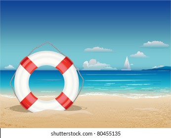 Sea landscape with lifebuoy. Vector Illustration. Eps8